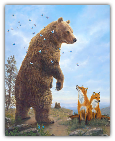 Kindred Spirits painting by Robert Bissell features a bear engaged with two foxes.