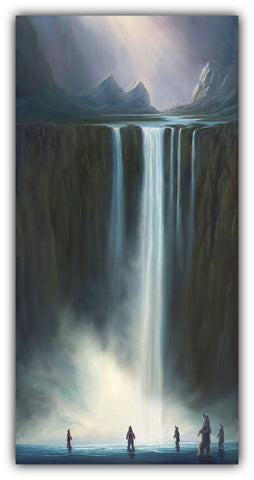 Rushing Mist bear painting by Robert Bissell features bears at the base of a massive waterfall.