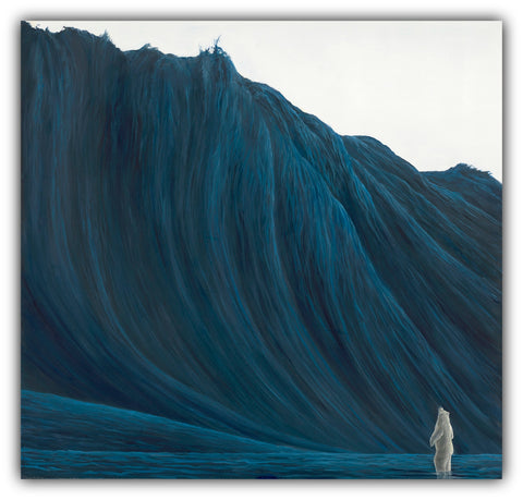 The Mountain by Robert Bissell features a polar bear facing a mountain of an incoming wave.