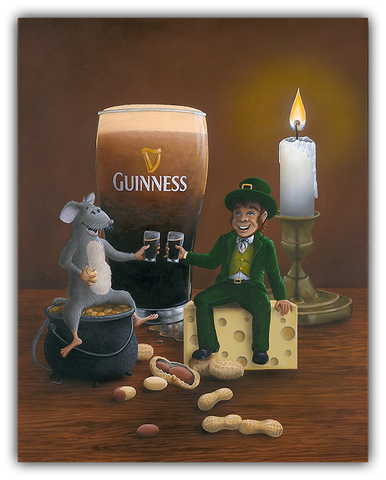 Pub Crawl mouse painting by Patrick O'Rourke with Guinness and a leprechaun