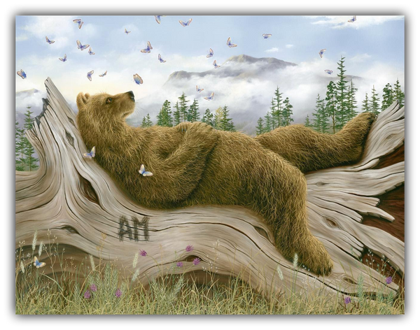 AM 2 oil painting by Robert Bissell features a bear taking a nap on a log.