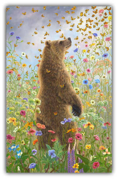 All that is Glorious Around Us painting of bear, butterflies, & wildflowers by Robert Bissell.