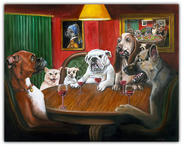 No Red for Guss, He's a Pussy! painting of dogs and a pussy cat drinking wine by Gail Chandler