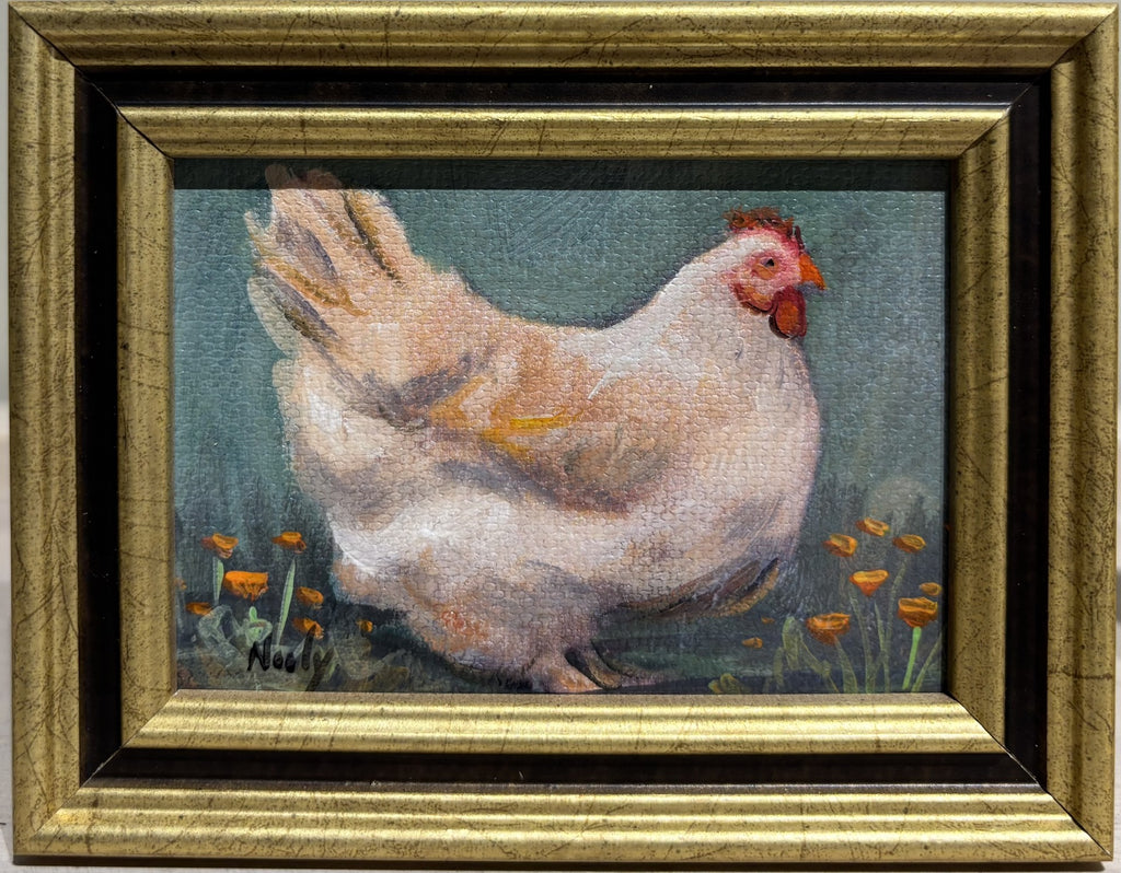 Chicken Miniature Painting by artist Karen Neely comes framed in Italian molding.