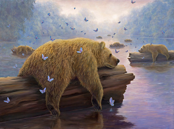 "Drifters" oil painting by Robert Bissell features bears drifting on logs down the river.