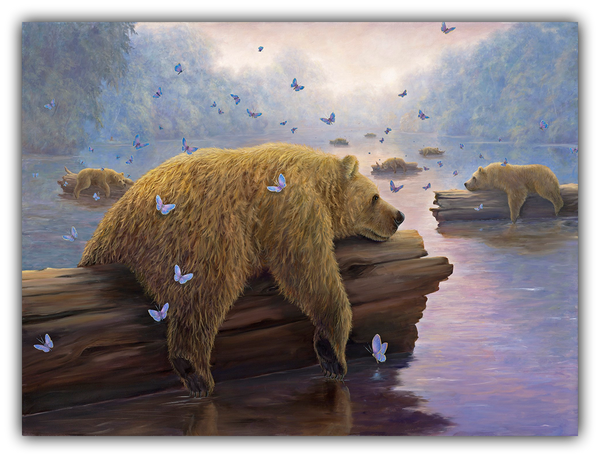 "Drifters" oil painting by Robert Bissell features bears drifting on logs down the river.