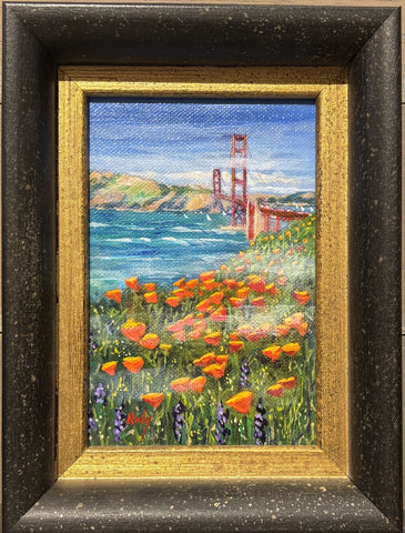 Golden Gate Bridge & Poppies miniature original painting by Karen Neely