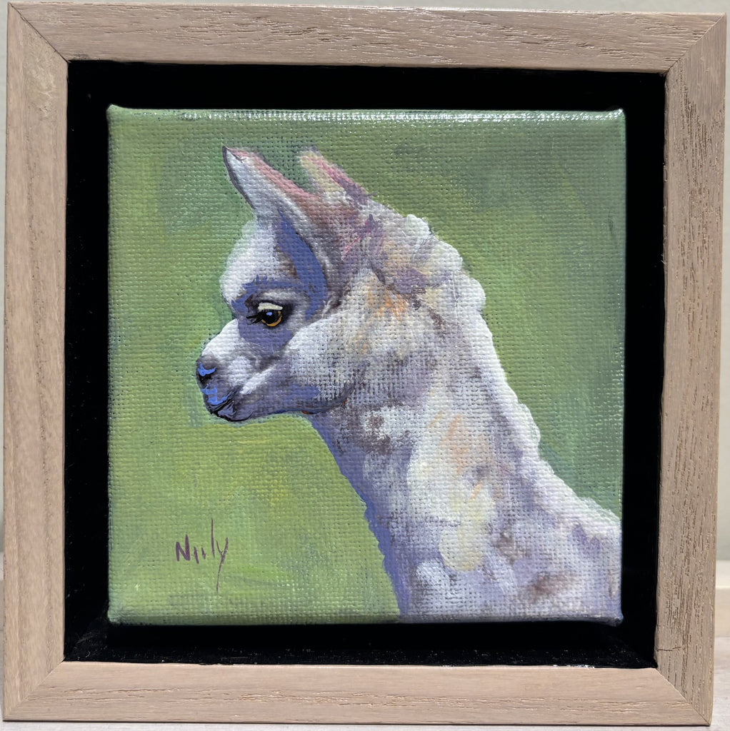 Llama miniature original by Karen Neely comes framed in a hand rubbed maple deep wood float frame.