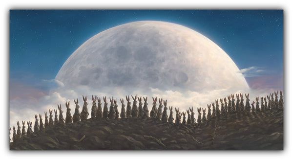 Moonwalkers by Robert Bissell features bunny rabbits walking in front of a full moon.