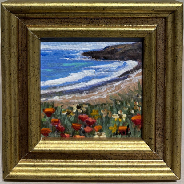 Poppies by the Sea miniature original painting of the California Coast by Karen Neely