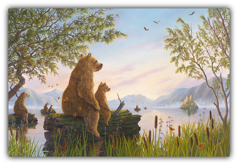 The Crossing oil painting by Robert Bissell features a bears crossing the waters by riding logs.