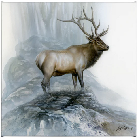 The Highlander by Monte Moore portrays a rocky mountain bull elk amidst a rugged landscape.