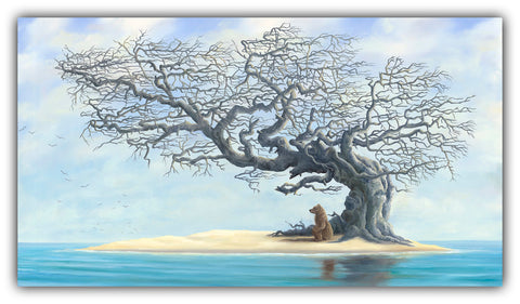 The Island bear painting by Robert Bissell features a bear on a deserted island.