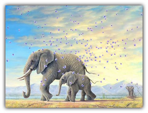 The Journey by by Robert Bissell features a mama and baby elephant on a journey across the plains.