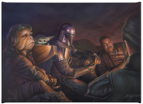 The Mandalorian by Monte Michael Moore art print featuring The Mandalorian, Grogu and more Disney +.