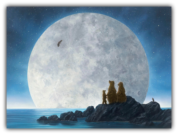 Moonlighters II painting of a family of bear staring at the full moon by Robert Bissell 
