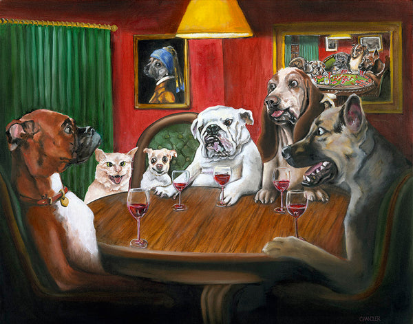 No Red for Guss, He's a Pussy! painting of dogs and a pussy cat drinking wine by Gail Chandler